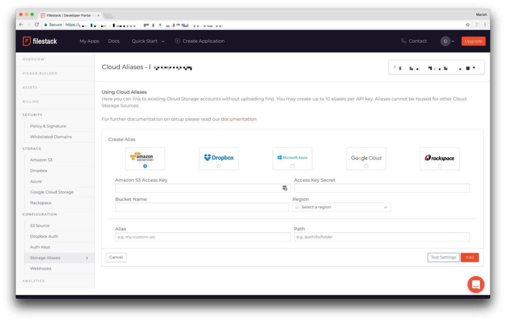 Example of Filestack's cloud alias page