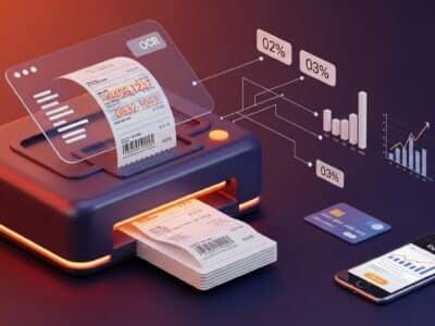 Illustration of OCR technology scanning printed receipts to extract data, with graphs and a smartphone showing expense tracking insights