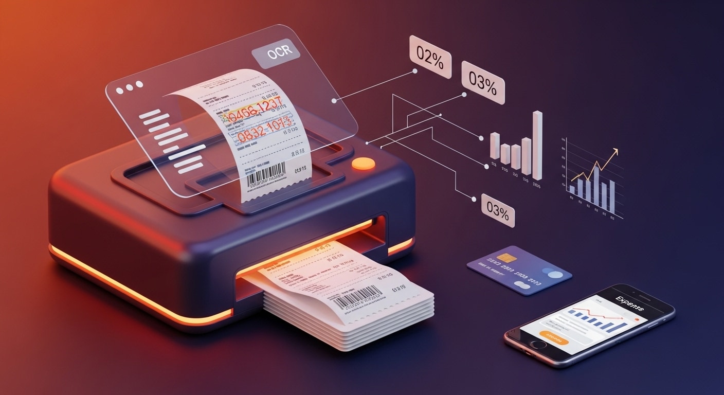Illustration of OCR technology scanning printed receipts to extract data, with graphs and a smartphone showing expense tracking insights