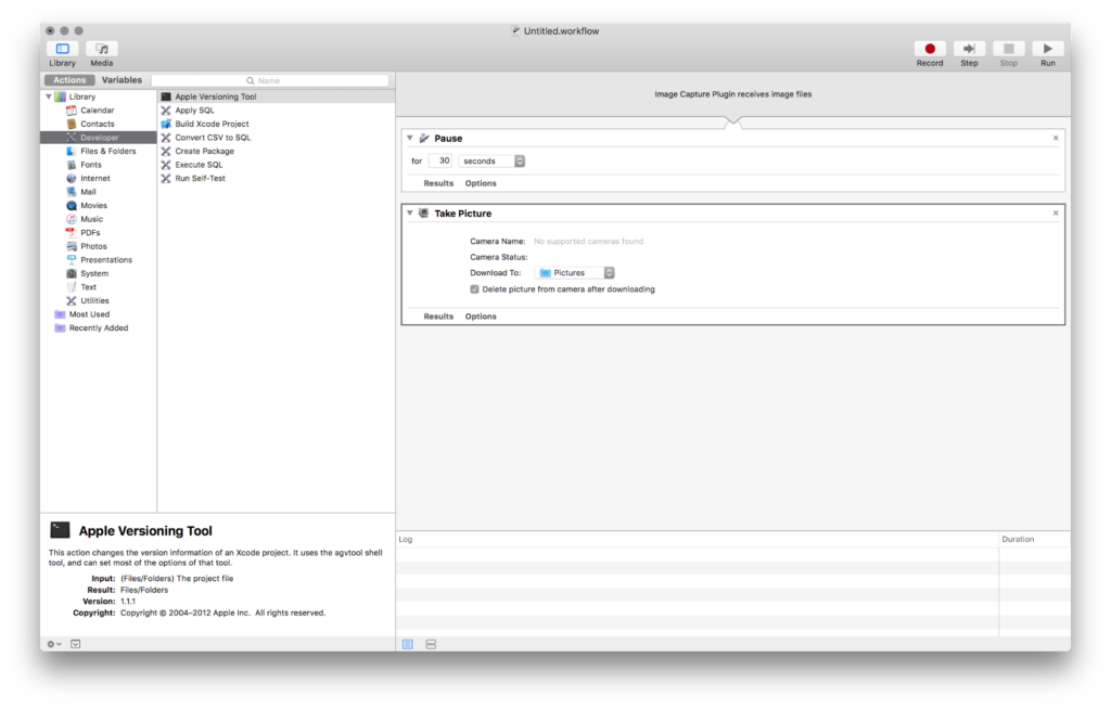 A screenshot of an Untitled.workflow file in Apple's Automator app on macOS High Sierra showing a simple example with two steps