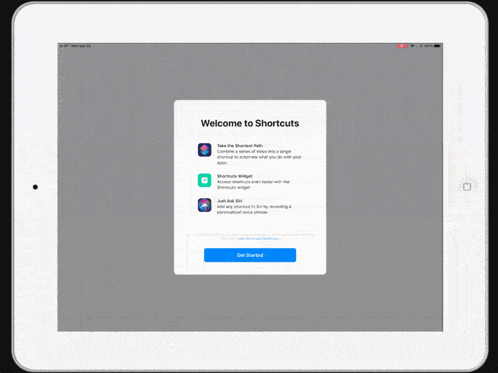 An animated gif showing the creation of a workflow in iOS 12 using the new Shortcuts app