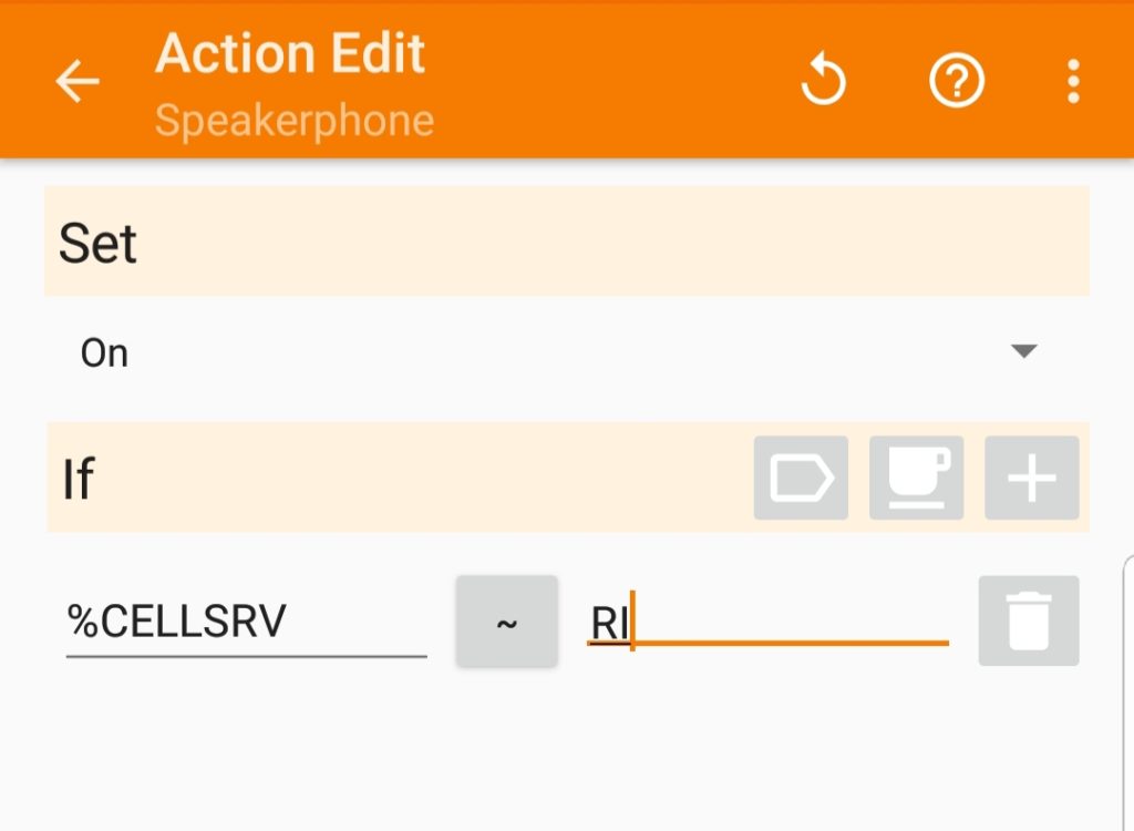 An Android screenshot of an Action Edit view in Tasker showing a variable condition for changing CELLSRV to an approximate value of RI
