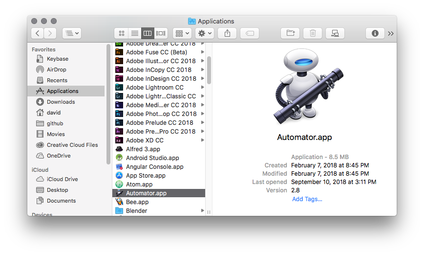 A Finder window in macOS, with Automator.app highlighted in the list of applications found in the Applications folder