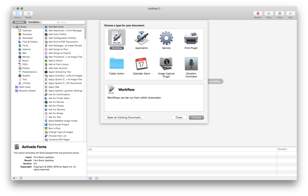 The first view presented when creating a new document within the Apple Automator app