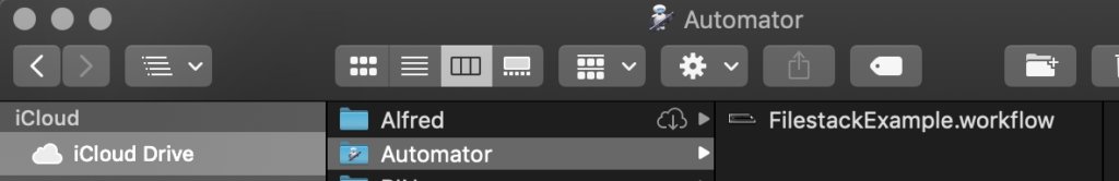 A view of a Finder window in macOS showing that the iCloud Drive has a dedicated folder for Automator files