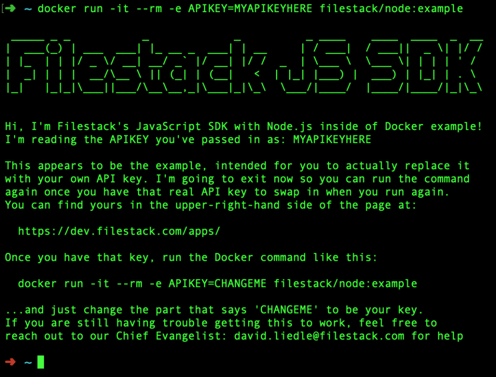 A black and green screenshot of a terminal on macOS Mojave with the ASCII text reading Filestack JS SDK and further instructions to the user