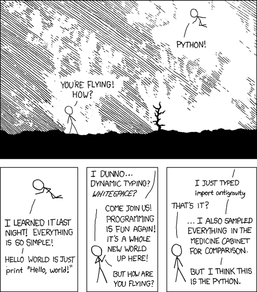 A cartoon from xkcd joking about Python