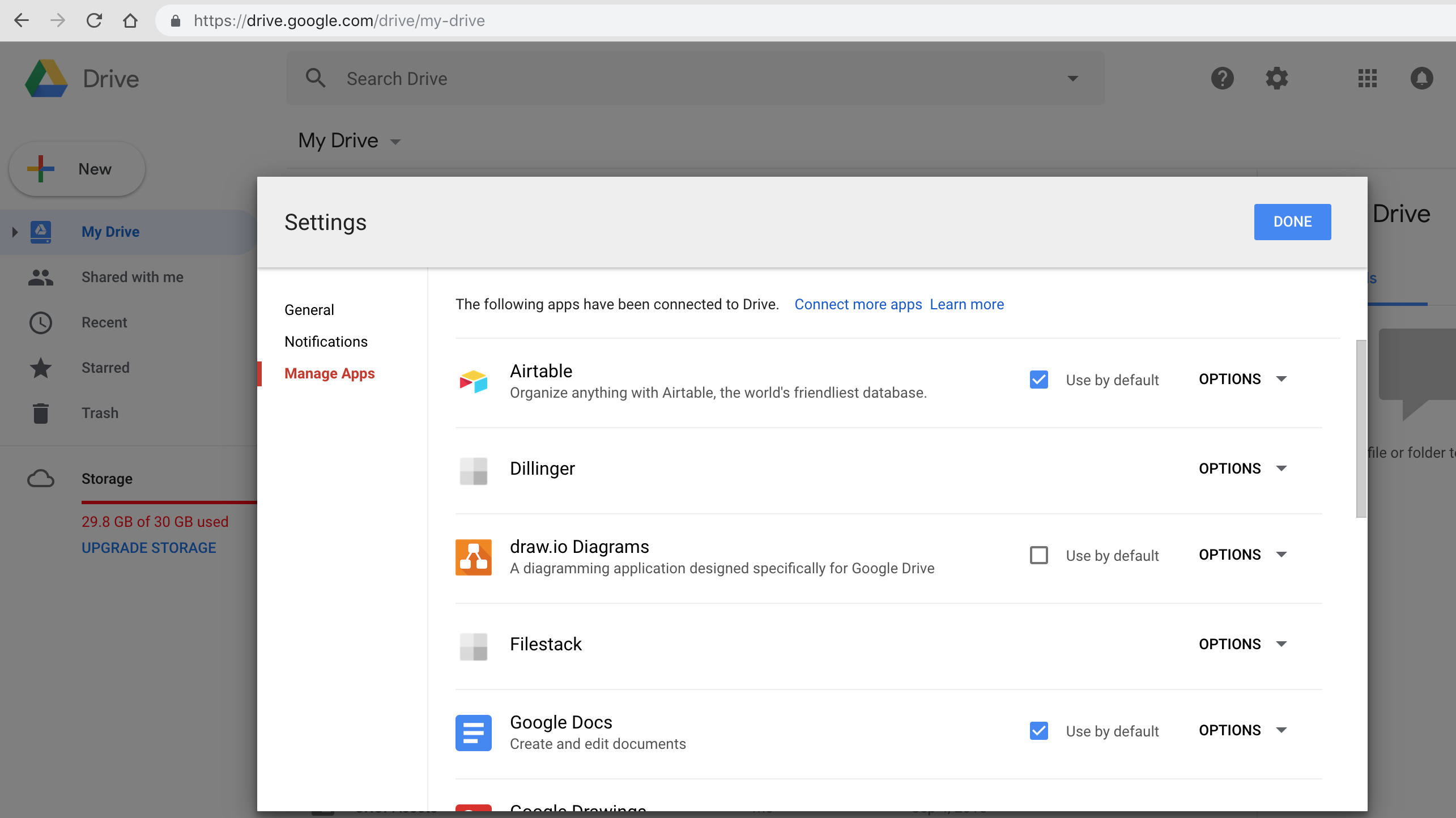 Upload Google Drive files and users will see their authorization of the Filestack app