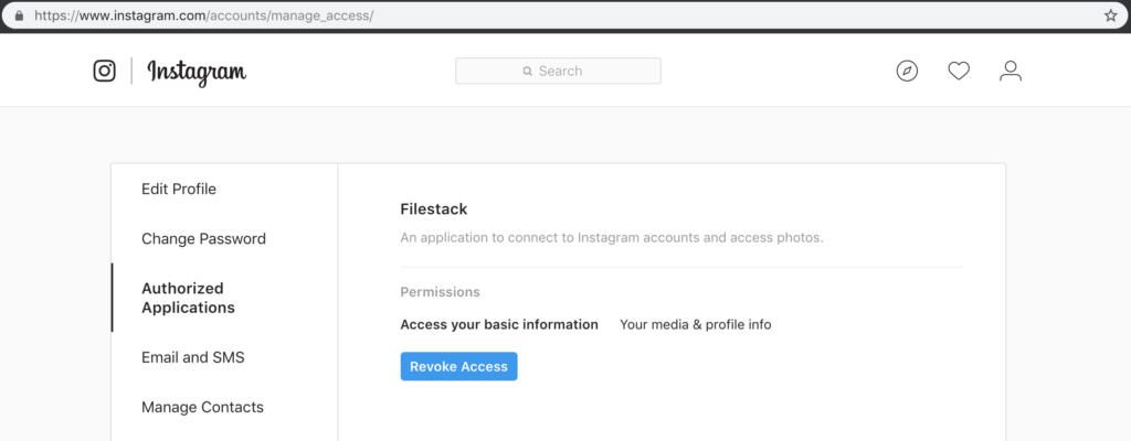 A screenshot of the page showing authorized apps for a user's Instagram account