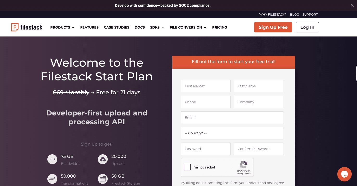 Filestack File upload API free sign up page