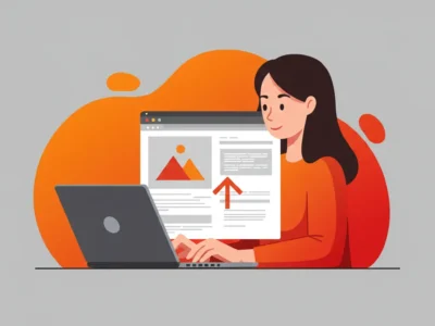 Illustration of a woman uploading a photo to a website using a file picker tool, showing an image preview on a laptop screen.