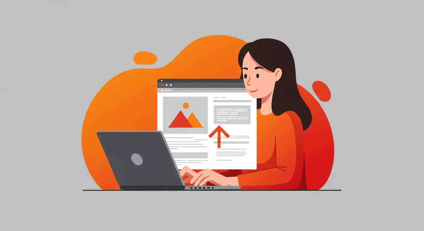 Illustration of a woman uploading a photo to a website using a file picker tool, showing an image preview on a laptop screen.