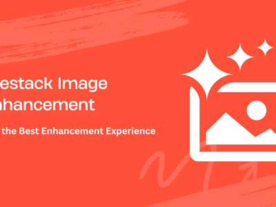 Promotional graphic for 'Filestack Image Enhancement', featuring a bold, red background with diagonal brush strokes, white text, and an icon of a photo with sparkles indicating enhancement features.