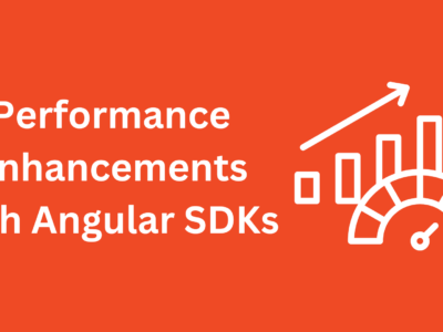 Bold red banner with white text stating 'Performance Enhancements with Angular SDKs' alongside a white speedometer graphic, representing speed and efficiency in document upload UIs.
