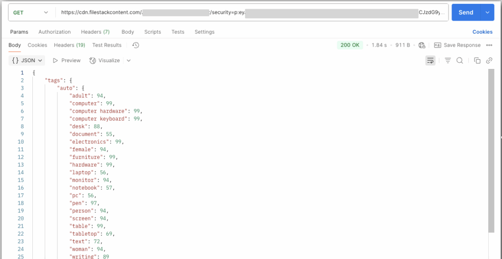 Response to the Filestack Image Tagging API Request