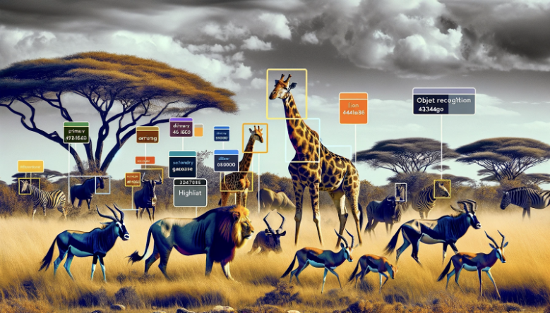 An artistic representation of a savannah scene where wildlife animals like giraffes, lions, and antelopes are identified and labeled by an object recognition API, demonstrating the intersection of nature and advanced technology.