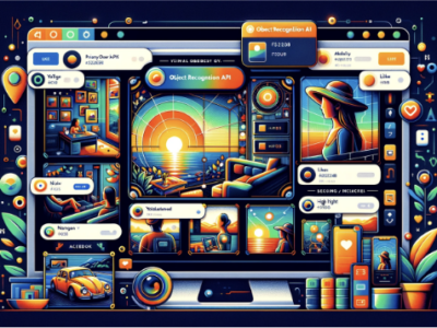 A vibrant digital illustration showing various user interface screens and icons related to an object recognition API, which include image analysis results and data visualization, showcasing the advanced capabilities and applications of object recognition technology.