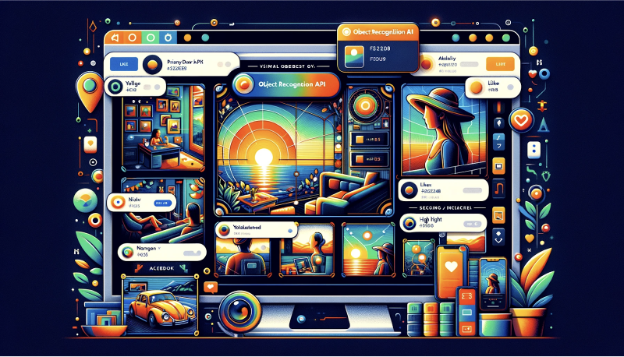 A vibrant digital illustration showing various user interface screens and icons related to an object recognition API, which include image analysis results and data visualization, showcasing the advanced capabilities and applications of object recognition technology.