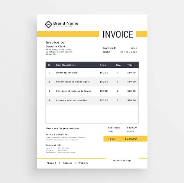 A professional invoice template featuring a brand name at the top, with sections detailing the recipient's information, a list of services or items with prices and quantities, and the total amount due, set against a clean, white background with yellow accents.