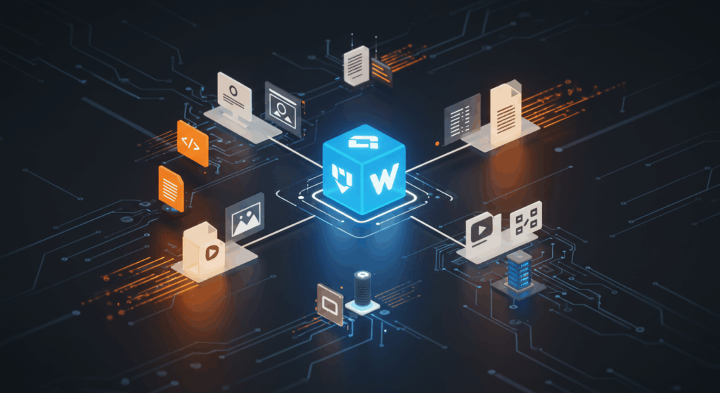 3D illustration of Webpack optimizing file delivery, showing a glowing Webpack cube connected to images, videos, documents, and code files distributed through a global network