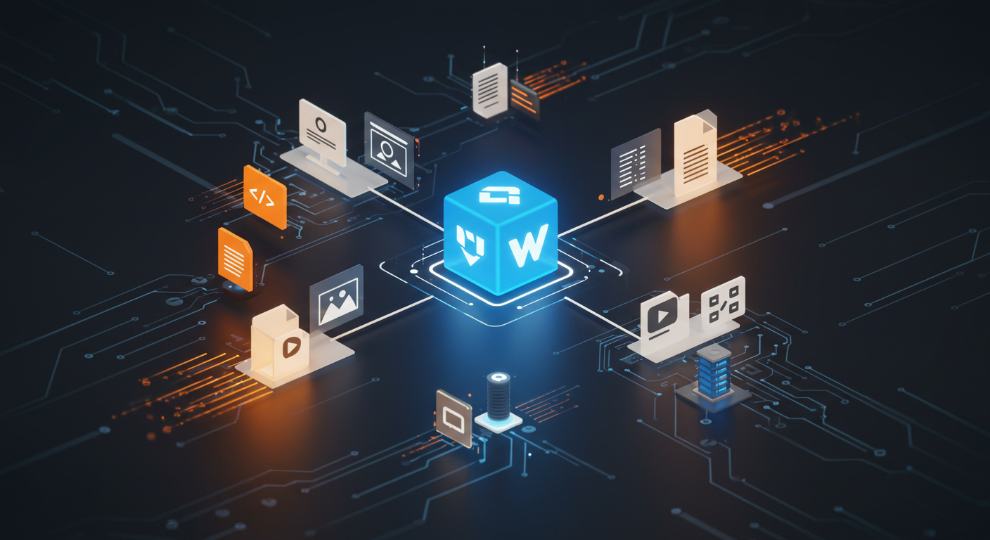 3D illustration of Webpack optimizing file delivery, showing a glowing Webpack cube connected to images, videos, documents, and code files distributed through a global network