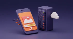 3D illustration of a smartphone uploading an image to cloud storage, representing quick image upload functionality and seamless server integration.