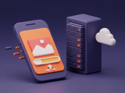 3D illustration of a smartphone uploading an image to cloud storage, representing quick image upload functionality and seamless server integration.