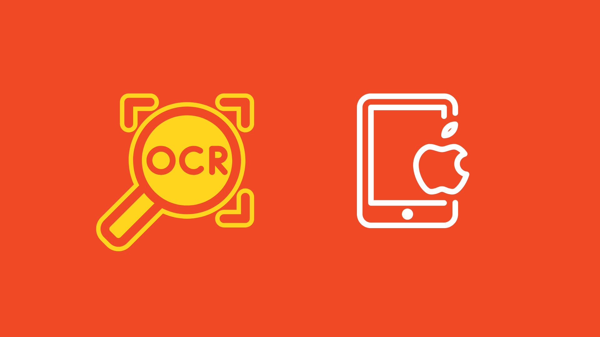 An illustration featuring two icons: On the left, a yellow OCR (Optical Character Recognition) symbol with a magnifying glass and corner brackets, representing OCR data capture technology; on the right, an outlined icon of a tablet with a stylized apple logo, indicating iOS devices. The background is a solid red, highlighting the topic of iOS SDK advancements in OCR data capture and image processing for mobile applications.