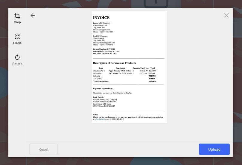 invoice automation app with OCR - invoice image to upload in the file picker