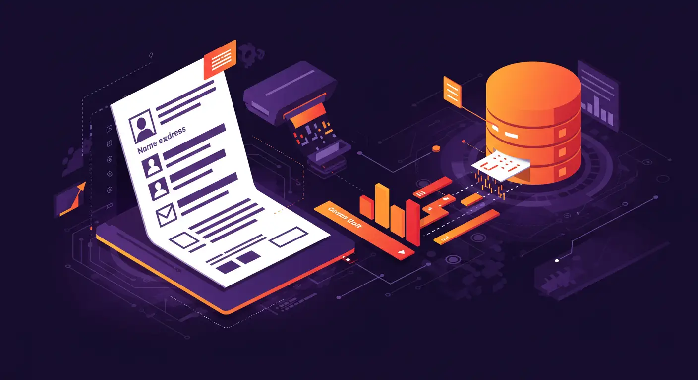 Illustration of automated form recognition where scanned documents are processed through OCR and stored in a database for data extraction.