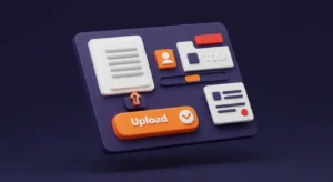 3D illustration of a customizable document upload UI showing icons and interface elements for file upload customization