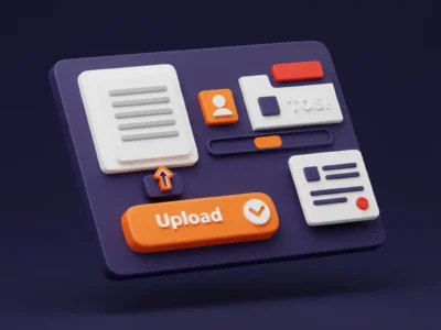 3D illustration of a customizable document upload UI showing icons and interface elements for file upload customization