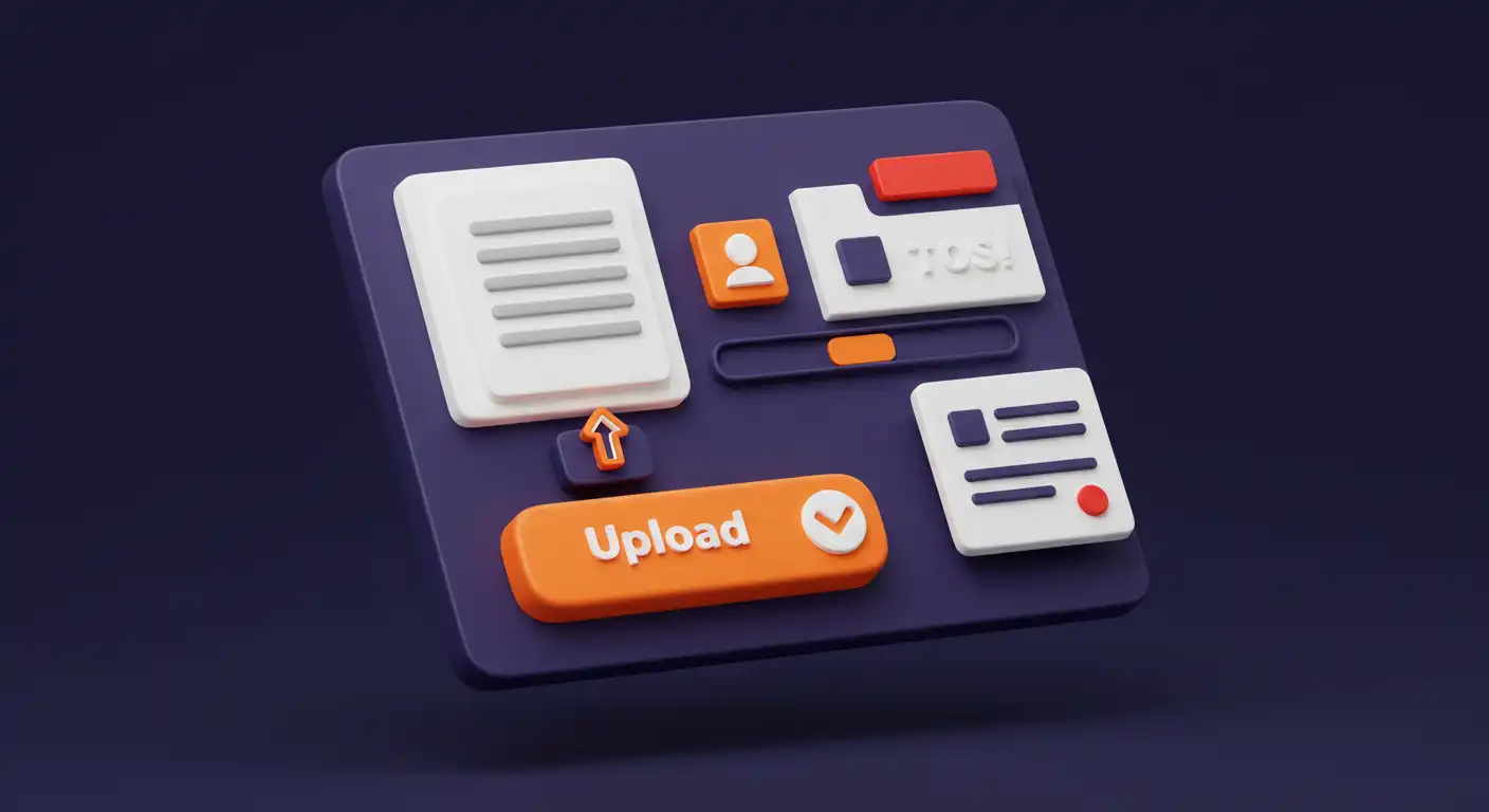 3D illustration of a customizable document upload UI showing icons and interface elements for file upload customization