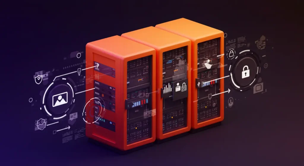 3D illustration of secure servers with digital padlock and image icons, symbolizing privacy-conscious image hosting APIs with encryption and data protection.