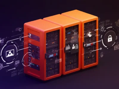 3D illustration of secure servers with digital padlock and image icons, symbolizing privacy-conscious image hosting APIs with encryption and data protection.