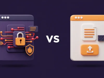 3D illustration comparing a secure document upload app with encryption and firewall icons versus a regular upload app with a simple file upload symbol.