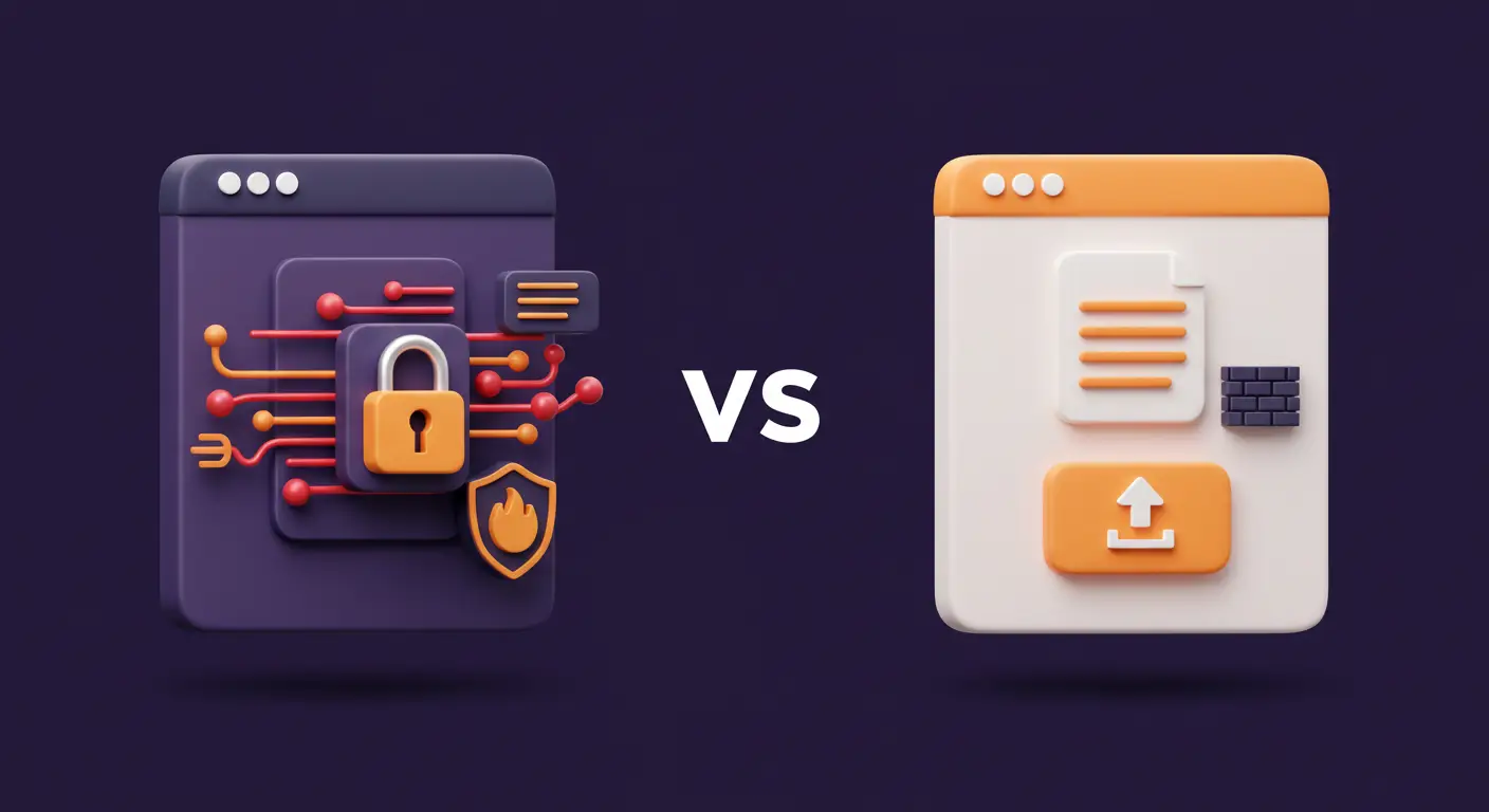 3D illustration comparing a secure document upload app with encryption and firewall icons versus a regular upload app with a simple file upload symbol.