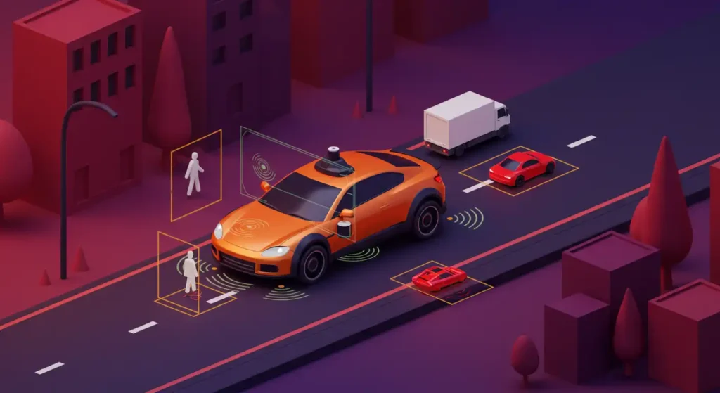 llustration of a self-driving car detecting pedestrians and vehicles with bounding boxes, showcasing the power of a Multi-Object Recognition API in real-time object detection.