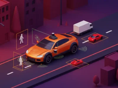 llustration of a self-driving car detecting pedestrians and vehicles with bounding boxes, showcasing the power of a Multi-Object Recognition API in real-time object detection.