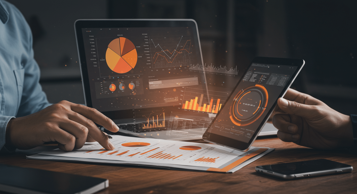 Visual representation of simplified data extraction and analysis using forms recognition SDK, showcasing graphs and charts on digital devices.