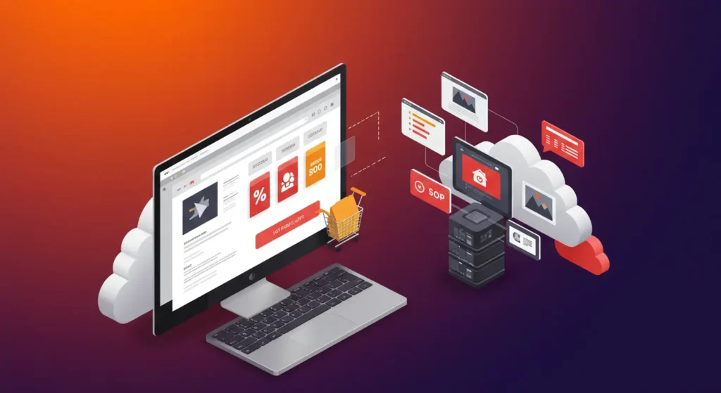 Illustration of a fast image hosting API delivering product images from cloud servers to an e-commerce website for improved speed and user experience.