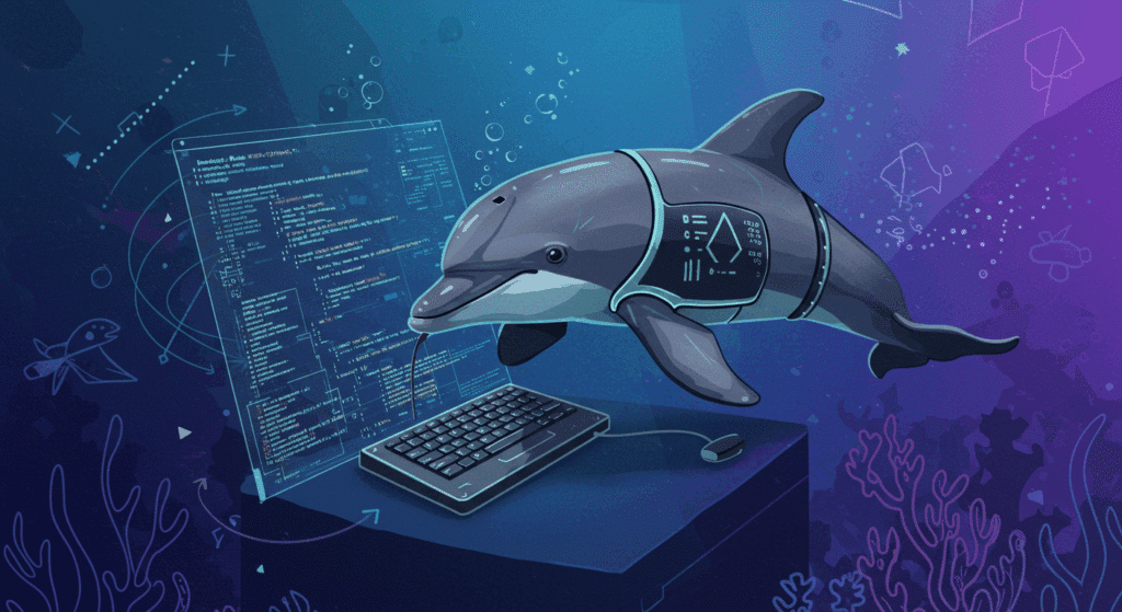 A visual representation that shows a dolphin, reminiscent of DeepSeek's logo, writing some code