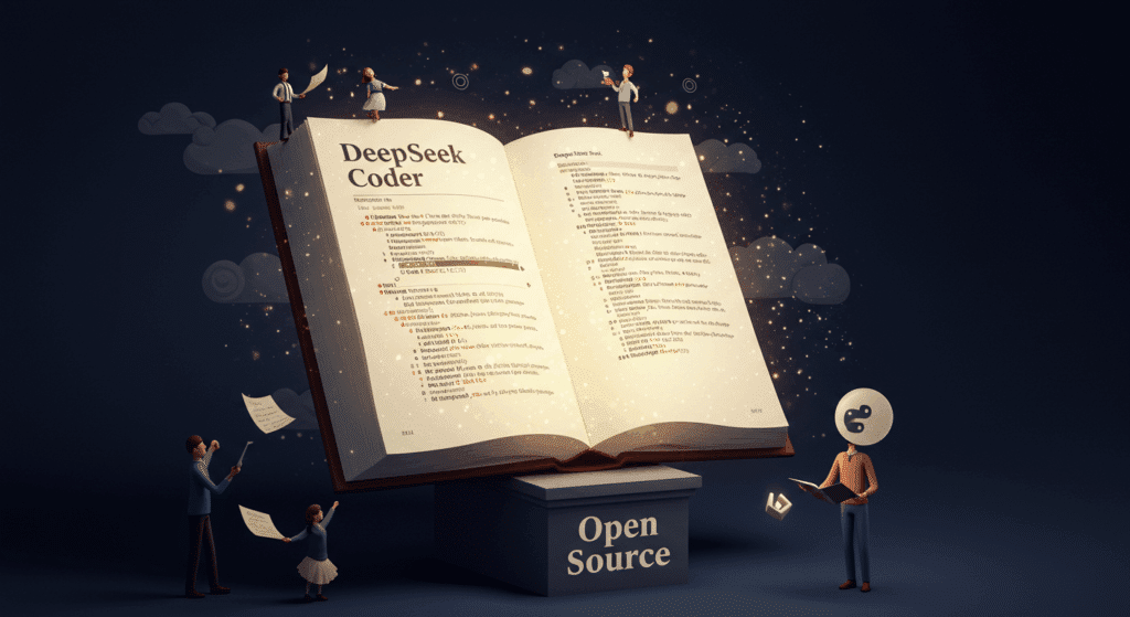 A visual metaphor that shows how DeepSeek Coder is like an open book that's available to all because of its open-source model accessibility.