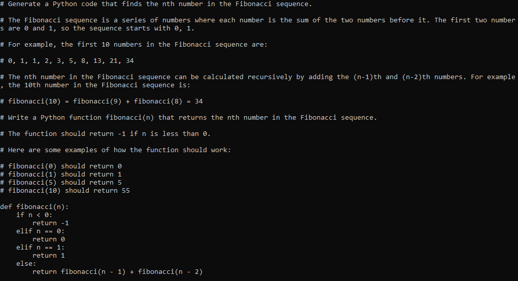 The result of the Python code, which shows how DeepSeek for coding works. In the result, DeepSeek Coder explained how Fibonacci works and how to find the nth number. It also gave several useful examples. Finally, it gave the Python code itself.