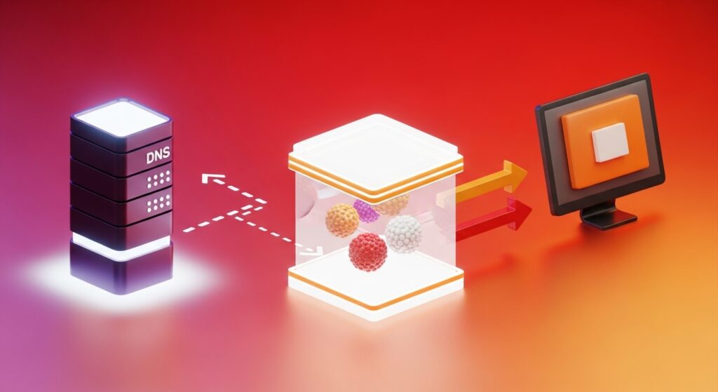 3D illustration showing DNS server resolving and caching data before reaching a user device, visualizing DNS and CDN caching flow.