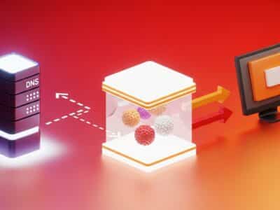 3D illustration showing DNS server resolving and caching data before reaching a user device, visualizing DNS and CDN caching flow.
