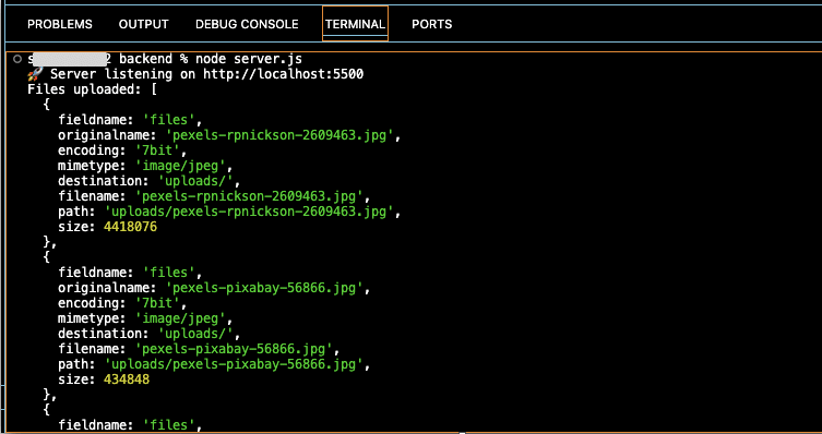 Server Console – Successful Multi-File Upload Log (Node.js + Multer)