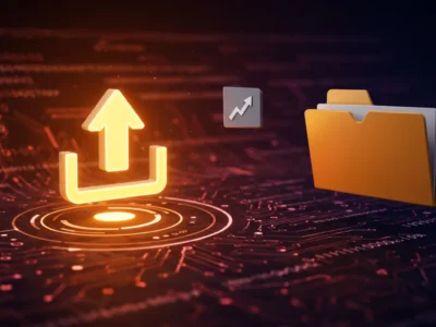 3D illustration of an upload arrow icon and orange file folder over a dark tech background, symbolizing modern HTML file upload interfaces and backend integration.