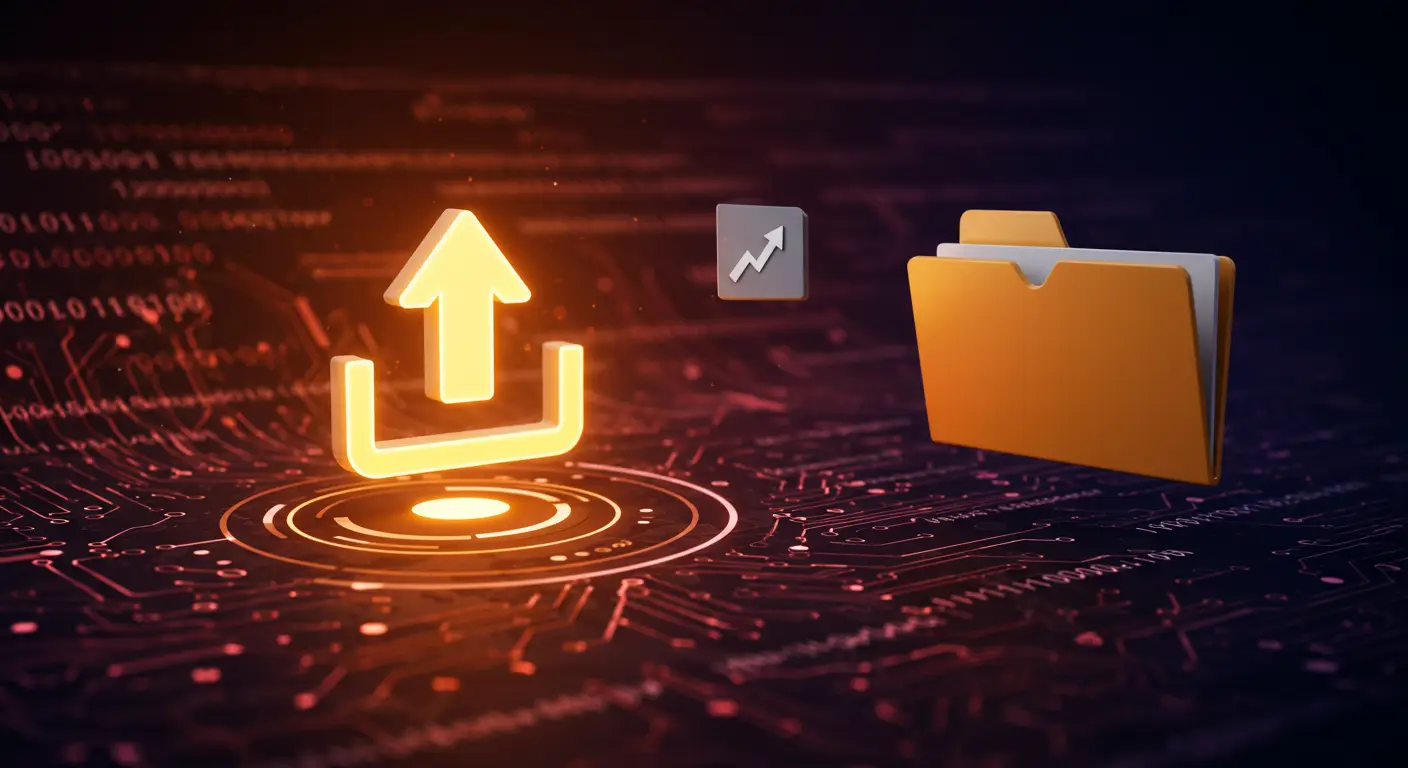 3D illustration of an upload arrow icon and orange file folder over a dark tech background, symbolizing modern HTML file upload interfaces and backend integration.