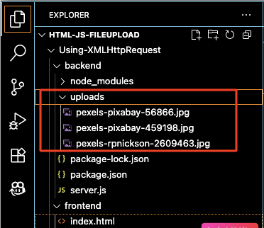Uploaded Files in the uploads Folder – VS Code Explorer View